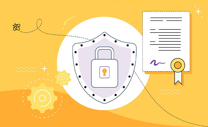 Graphic with a central shield symbol and a contract, representing the security features and compliance aspects of educational software.