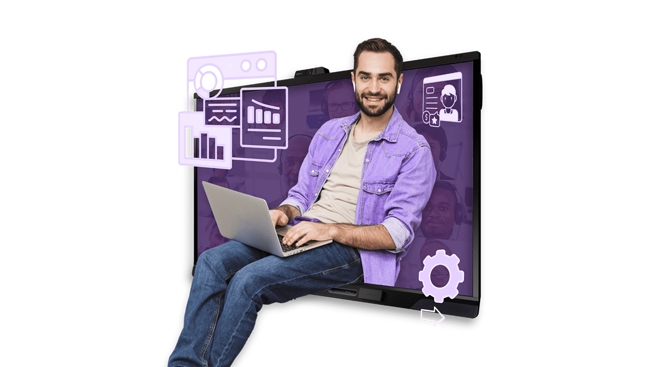 Man sitting with laptop working, inset in a SMART Board