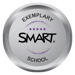 SMART Exemplary School badge featuring a silver circle with five purple stars.
