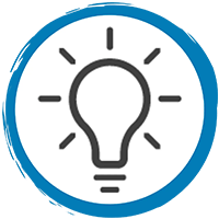 Círculo con un contorno azul y el icono de una bombilla