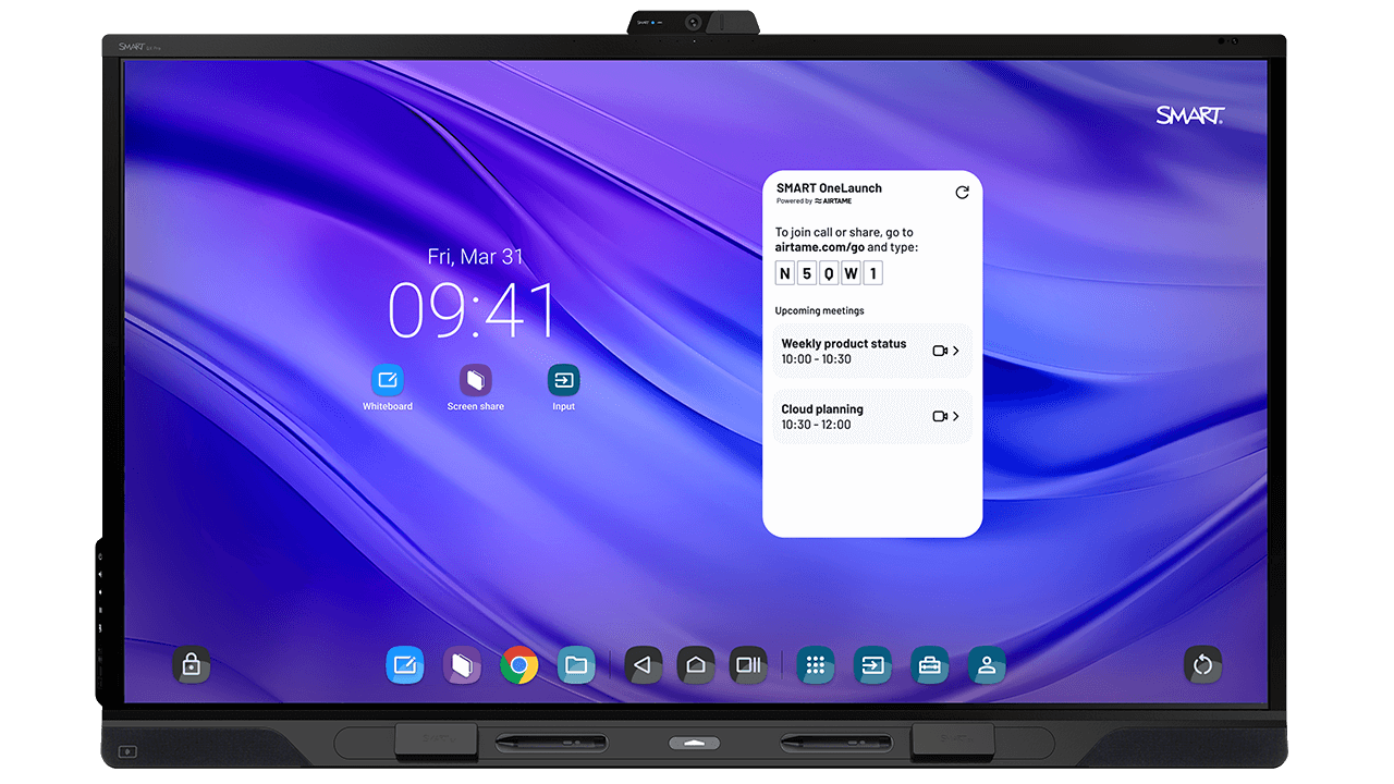 SMART Board QX Pro with SMART OneLaunch interface showing time, call ...