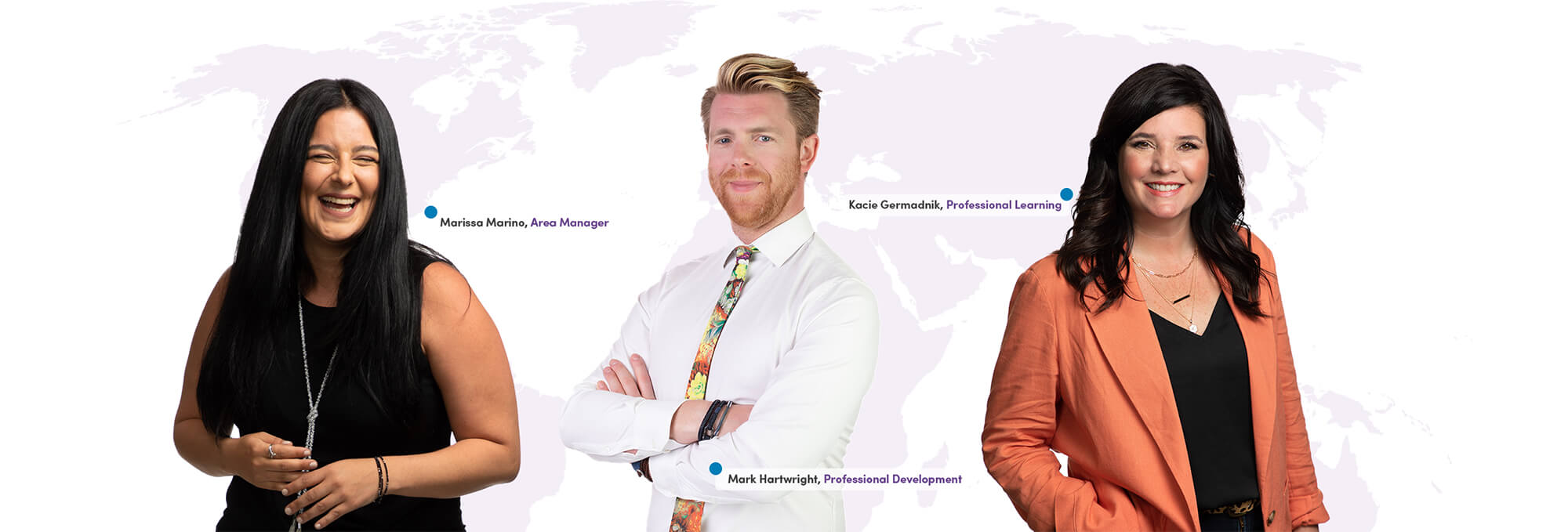 Four SMART Technologies team members, each representing different roles within the company, smiling and posing confidently, overlayed on a map of the world.