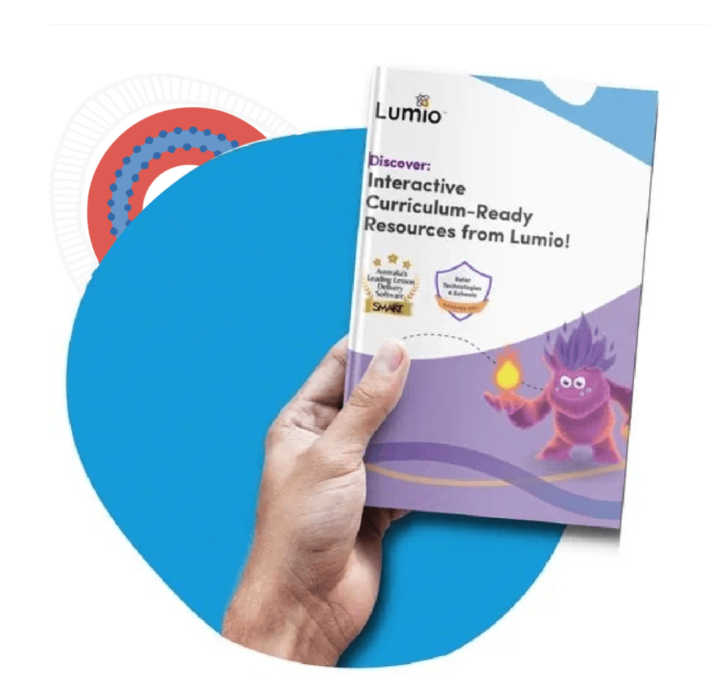 Hand holding a Lumio eBook titled 'Interactive Curriculum-Ready Resources from Lumio!' promoting Australian curriculum-aligned lesson inspiration.
