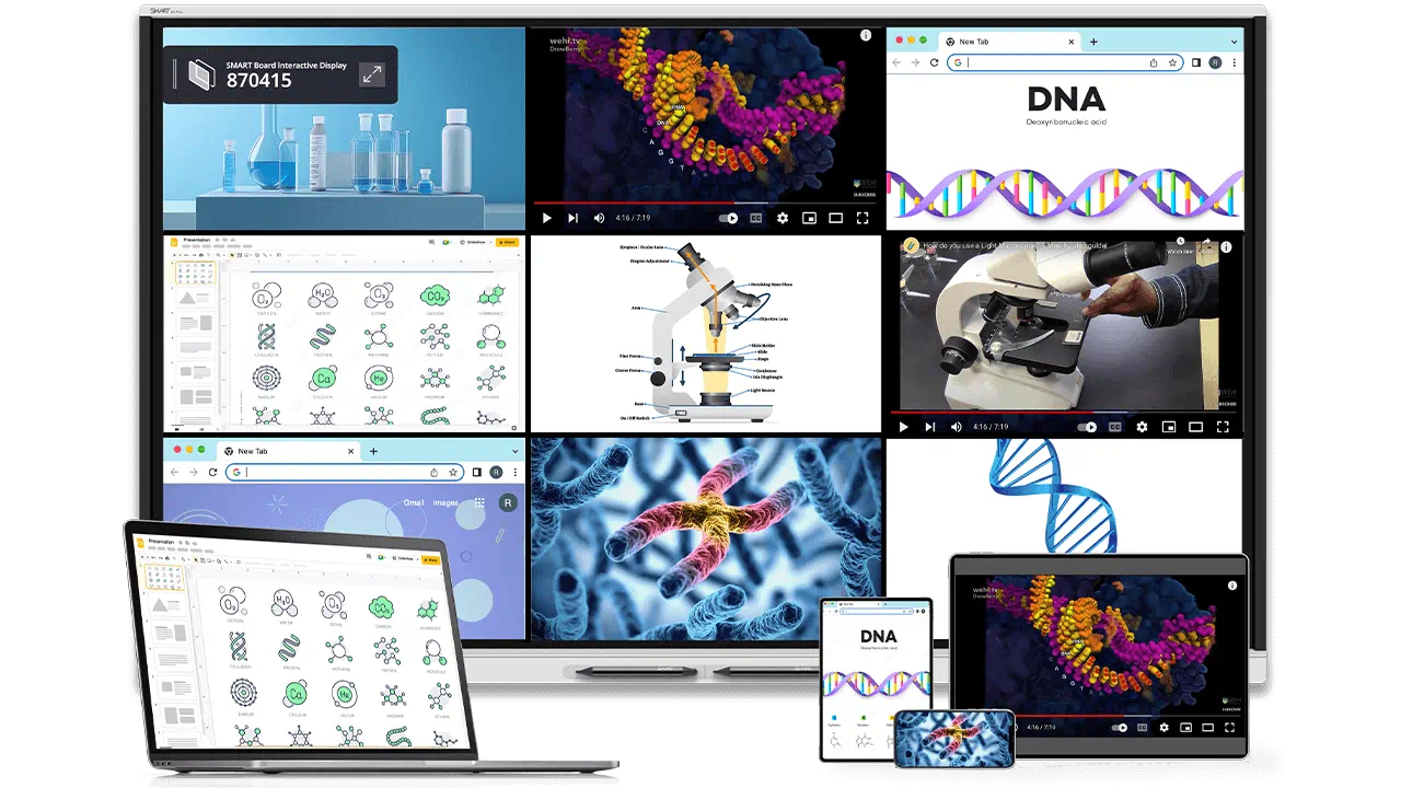 SMART Mirror screen sharing multiple devices on the SMART Board GX Plus, displaying scientific diagrams and videos.