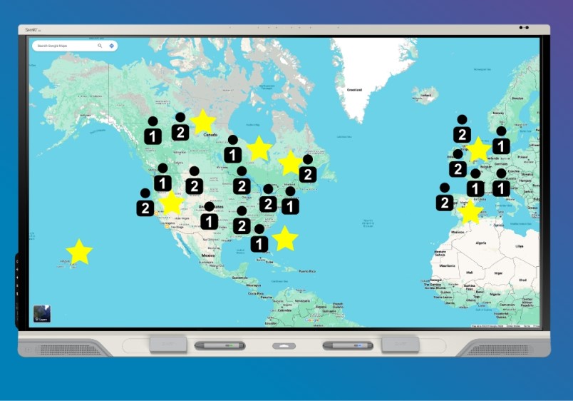 Interactive SMART Board display showcasing a world map application, possibly for activities in elder care.