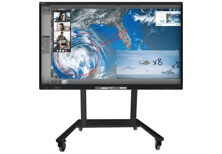 A SMART interactive display mounted on a SMART mobile stand showcasing global connectivity and data streams on a world map, emphasizing its adaptability in various environments.