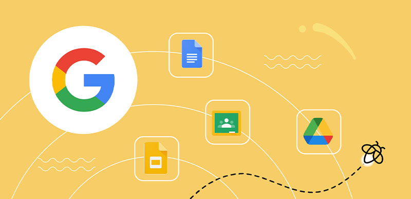 Illustration of Lumio's integration with Google services featuring icons for Google Drive, Docs, Slides, and Classroom on a yellow network background.