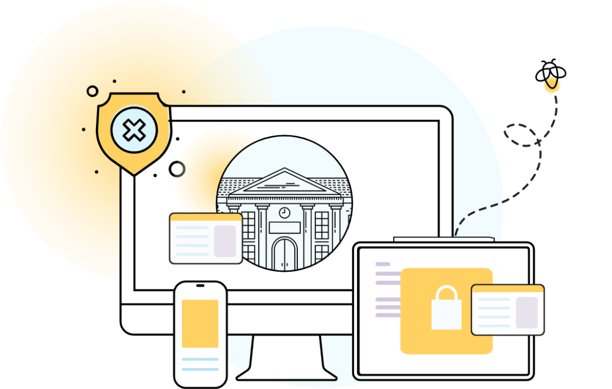 Illustrative graphic showing a computer, tablet, and mobile device with security features, symbolizing Lumio's integration and privacy in school environments.