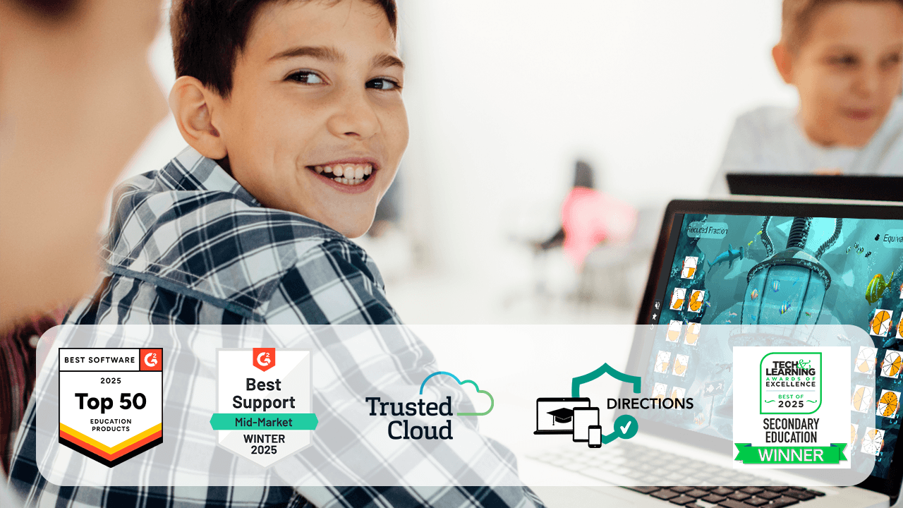 Student interacting with Lumio on a laptop in a bright classroom, displaying multiple award badges