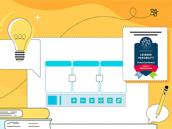 A stylized Lumio interface graphic featuring a lightbulb, books, and a Digital Promise Learner Variability certification badge.