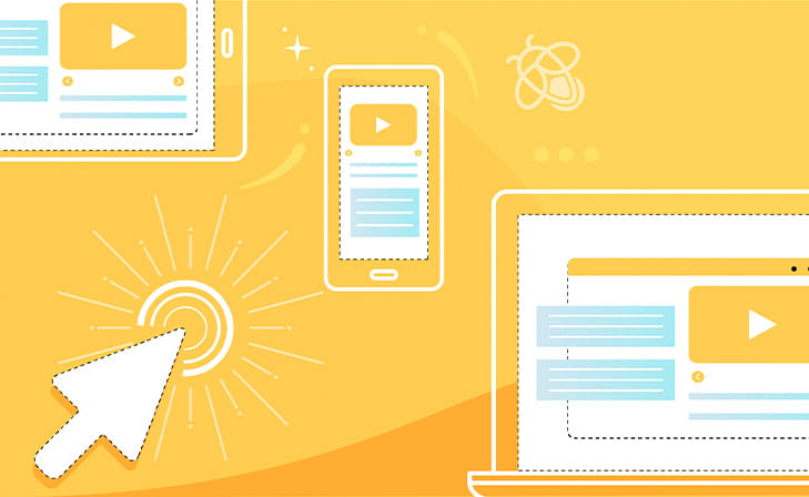 A graphic featuring multimedia icons such as a play button and mobile devices symbolizing interactive digital learning and remote education access.