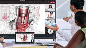 Professionals discuss engineering design on a SMART interactive display during a Teams video conference, highlighting virtual collaboration tools.