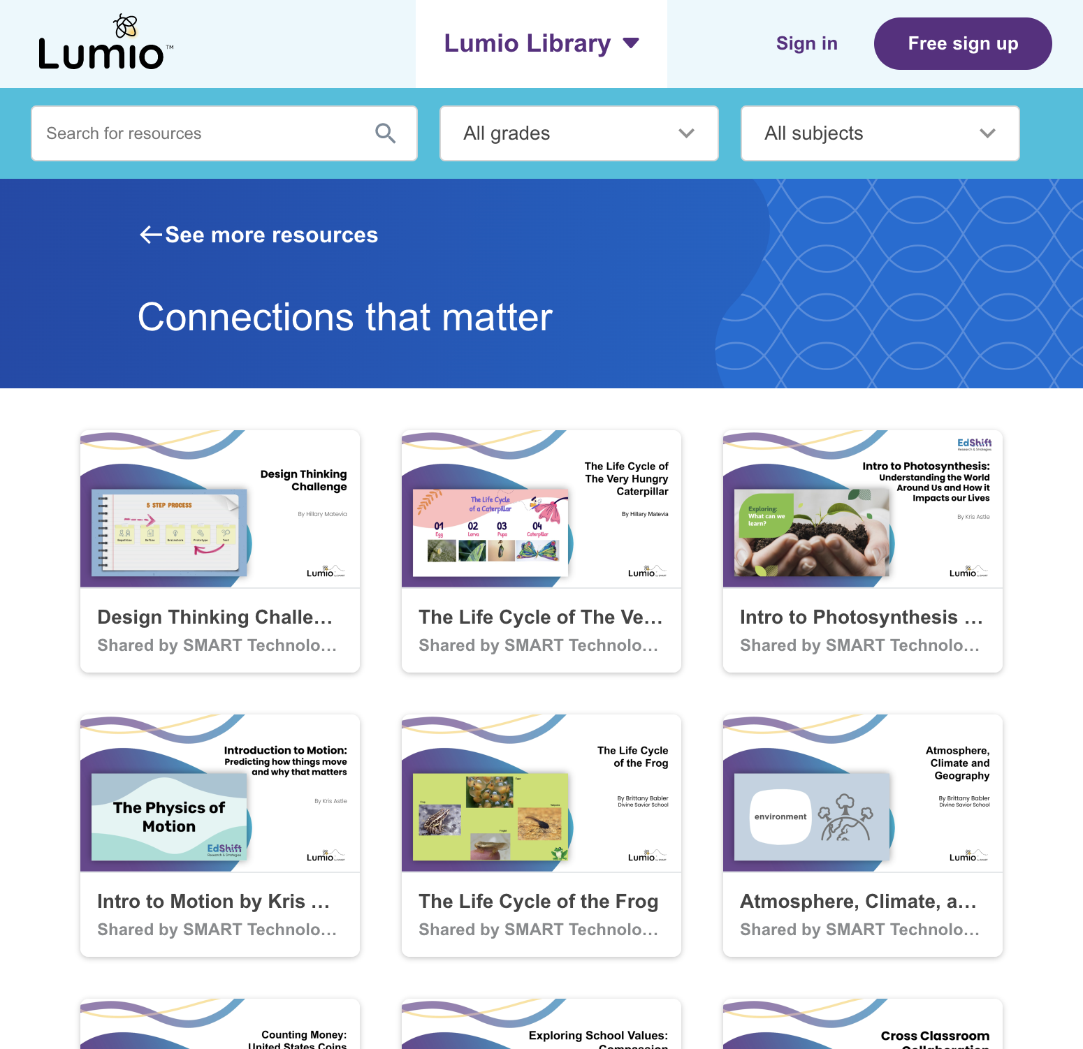 Screenshot of the Lumio library homepage showcasing educational resources for various grades and subjects, including topics like design thinking, life cycles, and climate.