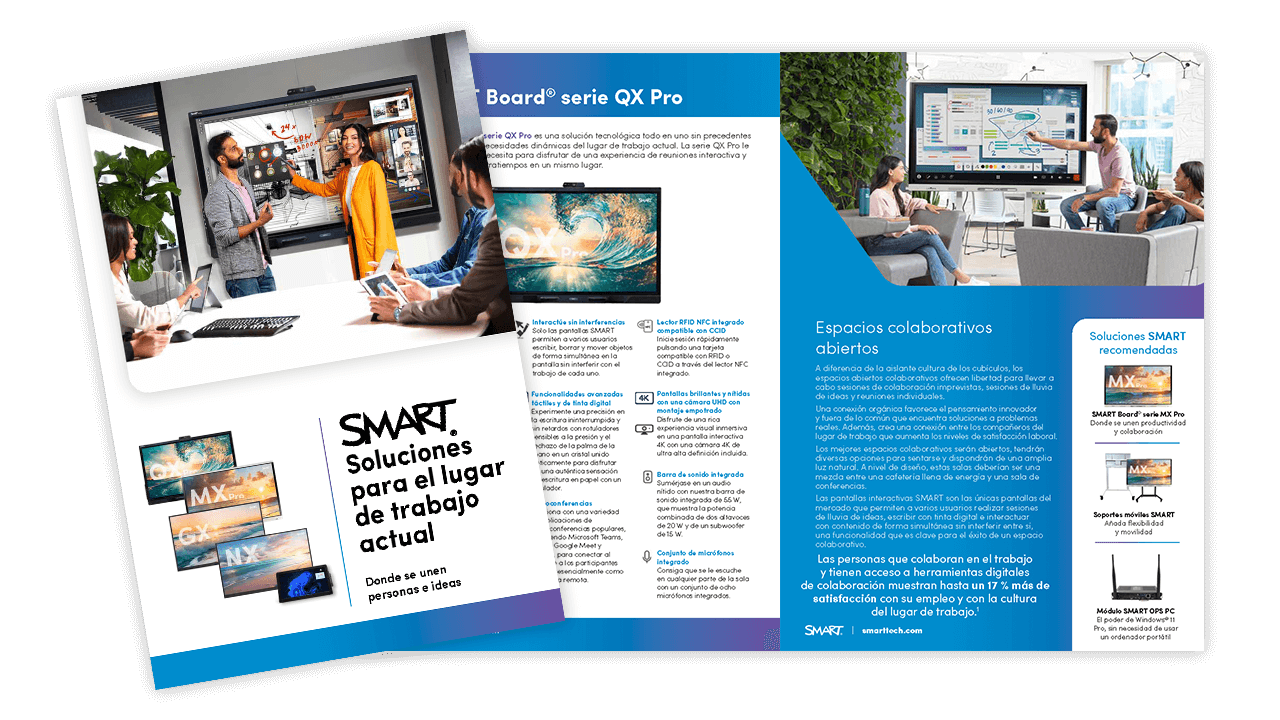 Cover and interior spread of SMART's 'Solutions for the Modern Workplace' brochure, highlighting collaboration tools.
