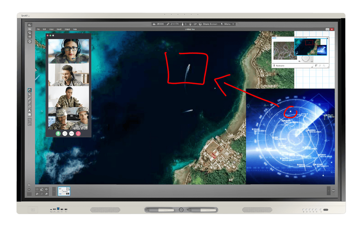 An image of a SMART interactive display in a government defense setting, showcasing the SMART Meeting Pro software. 