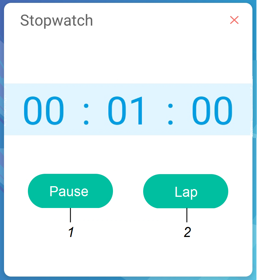 Étiquettes identifiant les boutons de pause et de tour de l'outil interface