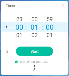 Étiquettes identifiant les différents éléments de l' interface de l'outil Minuteur