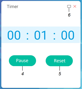 Étiquettes identifiant les boutons de pause et de réinitialisation de l' interface de l'outil Minuteur