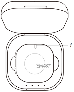 Microphone placed in the charging case and label identifying the charging status indicator