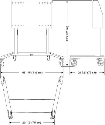 Breite (Vorderseite): 43 1/4" (110 cm); Breite (Rückseite): 29 1/2" (75 cm); Höhe: 48" (122 cm); Tiefe: 29 7/8" (76 cm)