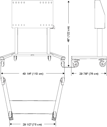 Ancho (delantero): 43 1/4" (110 cm); Anchura (trasera): 29 1/2" (75 cm); Altura: 48" (122 cm); Profundidad: 29 7/8" (76 cm)