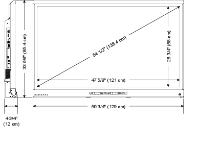 Screen (diagonal) 54 1/2" (138.4cm); Width: 50 3/4" (129cm) ; Height: 33 5/8" (85.4cm); Depth: 4 3/4" (12cm)