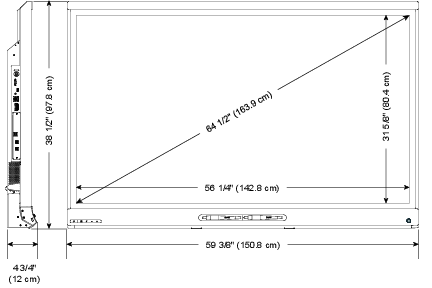 Screen (diagonal) 64 1/2" (163.9cm); Width: 59 3/8" (150.8cm) ; Height: 38 1/2" (97.8cm); Depth: 4 3/4" (12cm)