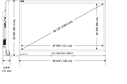 Screen (diagonal) 54 1/2" (138.4cm); Width: 50 3/4" (129cm) ; Height: 33 5/8" (85.4cm); Depth: 4 3/4" (12cm)