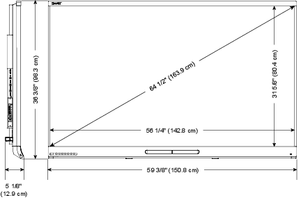 Screen (diagonal) 64 1/2" (163.9cm); Width: 59 3/8" (150.8cm) ; Height: 36 3/8" (98.3cm); Depth: 5 1/8" (12.9cm)
