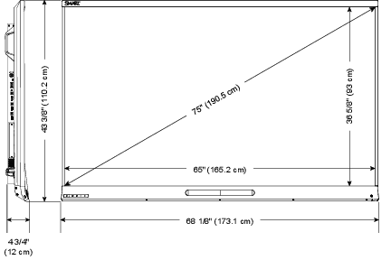Screen (diagonal) 75" (190.5cm); Width: 68 1/8" (173.1cm) ; Height: 43 3/8" (110.2cm); Depth: 4 3/4" (12cm)