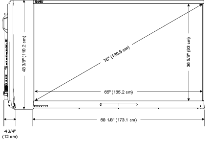 Screen (diagonal) 75" (190.5cm); Width: 68 1/8" (173.1cm) ; Height: 43 3/8" (110.2cm); Depth: 4 3/4" (12cm)