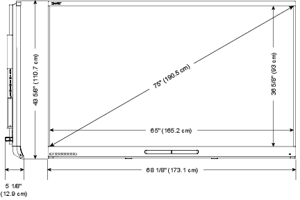 Screen (diagonal) 75" (190.5cm); Width: 68 1/8" (173.1cm) ; Height: 43 5/8" (110.7cm); Depth: 5 1/8" (12.9cm)