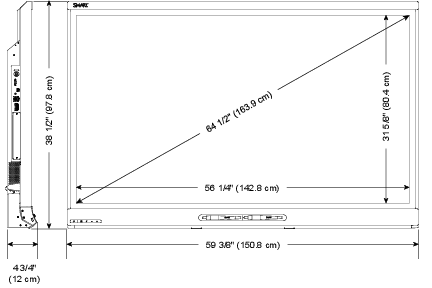 Screen (diagonal) 64 1/2" (163.9cm); Width: 59 3/8" (150.8cm) ; Height: 38 1/2" (97.8cm); Depth: 4 3/4" (12cm)