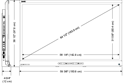 Screen (diagonal) 64 1/2" (163.9cm); Width: 59 3/8" (150.8cm) ; Height: 38 1/2" (97.8cm); Depth: 4 3/4" (12cm)