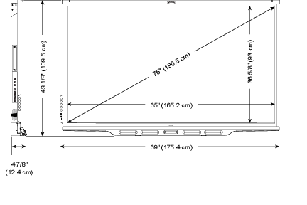 Width: 69" (175.4 cm); Height: 43 1/8" (109.5 cm); Depth: 4 7/8" (12.4 cm); Screen size (diagonal): 75"
