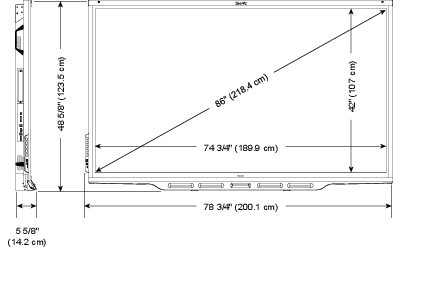 Width: 78 3/4" (200.1 cm); Height: 48 5/8" (123.5 cm); Depth: 5 5/8" (14.2 cm); Screen size (diagonal): 86"