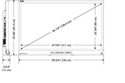 Screen (diagonal) 54 1/2" (138.4cm); Width: 50 3/4" (129cm) ; Height: 33 5/8" (85.4cm); Depth: 4 3/4" (12cm)