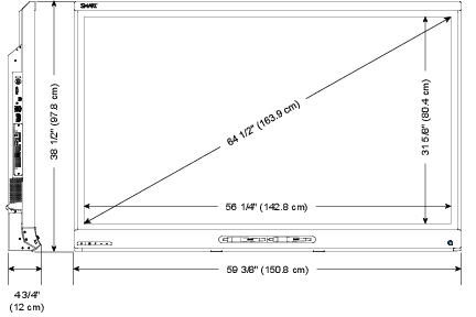 Screen (diagonal) 54 1/2" (138.4cm); Width: 50 3/4" (129cm) ; Height: 33 5/8" (85.4cm); Depth: 4 3/4" (12cm)