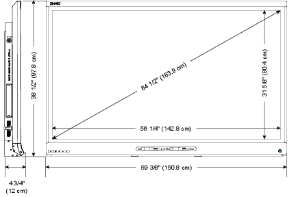 Screen (diagonal) 64 1/2" (163.9cm); Width: 59 3/8" (150.8cm) ; Height: 38 1/2" (97.8cm); Depth: 4 3/4" (12cm)