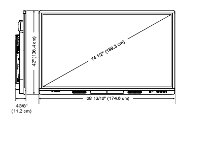 Width: 68 13/16" (174.5 cm); Height: 42" (106.4 cm); Depth: 4 3/8" (11.2 cm); Screen (diagonal): 75"