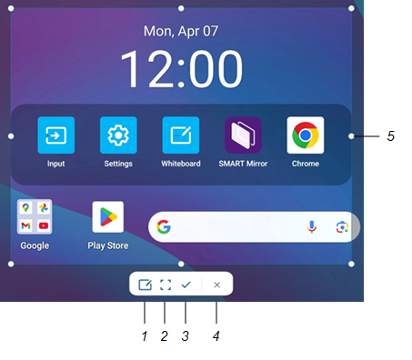 Position der vier Steuersymbole für das Screenshot Widget mit den Nummern 1 bis 6 - von links nach rechts