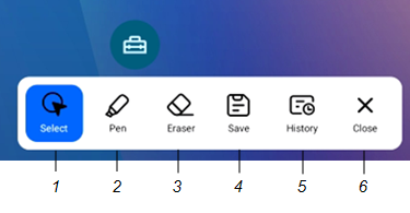 Position of the six tool and control icons for the Overlay widget numbered 1 to 6 - left to right