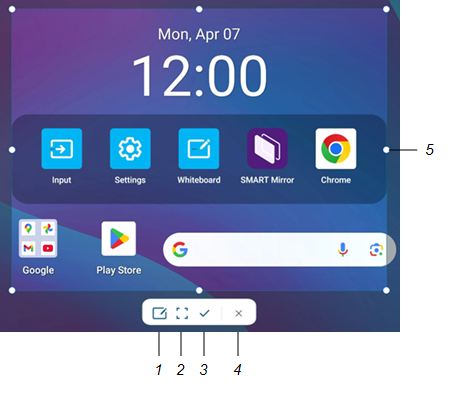 Position of the four control icons for the Screen shot widget numbered 1 to 6 - left to right