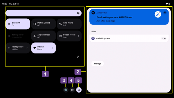 Labels identifying the different interface elements in the display's swip down menu