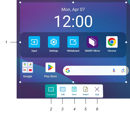 Position of the four control icons for the Screen capture widget numbered 1 to 6 - left to right