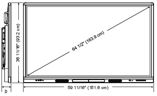 Breite: 59 11/16" (151,6 cm); Höhe: 36 11/16" (93,2 cm); Tiefe: Siehe D in der nachstehenden Tabelle; Bildschirm (Diagonale): 65"