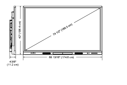 Breite: 68 13/16" (174,5 cm); Höhe: 42" (106,4 cm); Tiefe: 4 3/8" (11,2 cm); Bildschirm (diagonal): 75"