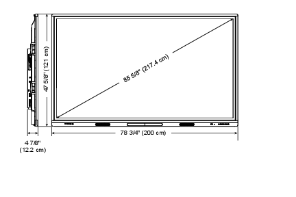 Breite: 78 3/4" (200 cm); Höhe: 47 5/8" (121 cm); Tiefe: 4 7/8" (12,2 cm); Bildschirm (diagonal): 86"