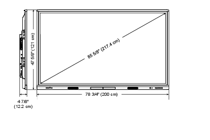 Breite: 78 3/4" (200 cm); Höhe: 47 5/8" (121 cm); Tiefe: 4 7/8" (12,2 cm); Bildschirm (diagonal): 86"