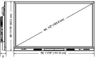 Anchura: 59 11/16" (151,6 cm); Altura: 36 11/16" (93,2 cm); Profundidad: Ver D en la tabla de abajo; Pantalla (diagonal): 65"